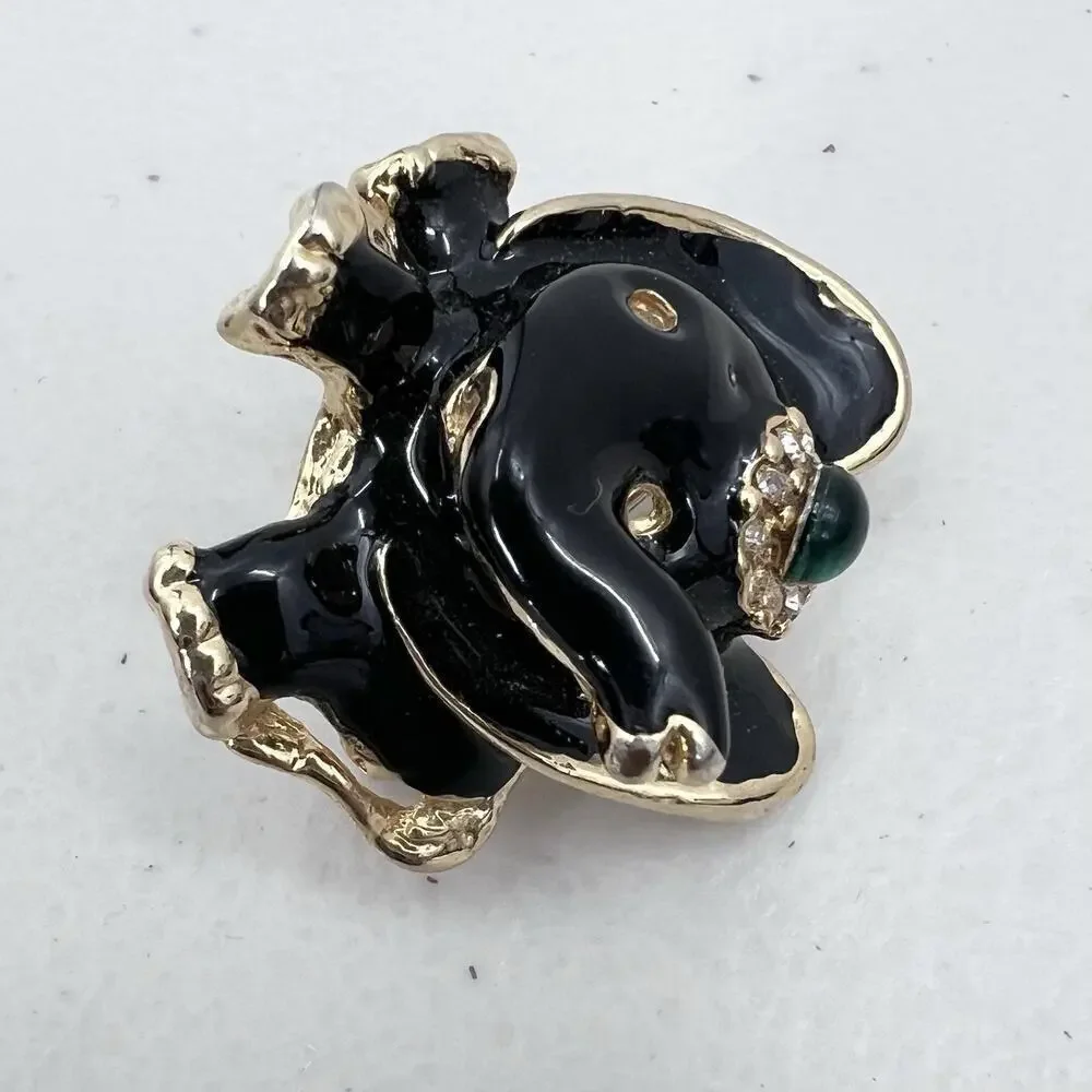 Vintage Unique Circus Elephant Gold Tone & Black Enamel Rhinestone Pin Brooch